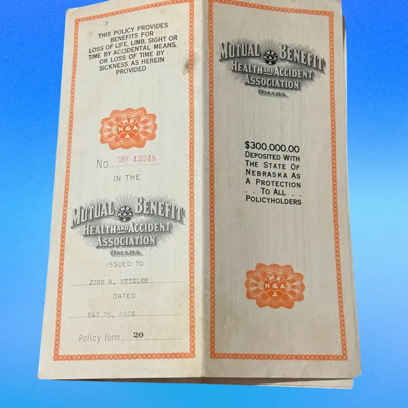 Mutual Benefit Health and Accident Association Omaha Accidental/Disability Insurance Policy 20 1928