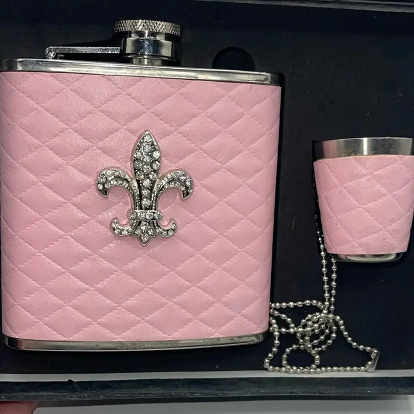 Stainless steel flask with cup pink floral With Fleur De Lis 6 Ounces