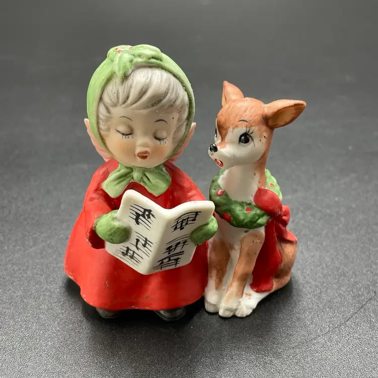 Caroling Angel Girl Reindeer Christmas Holiday Kitsch Kitschy Figurine