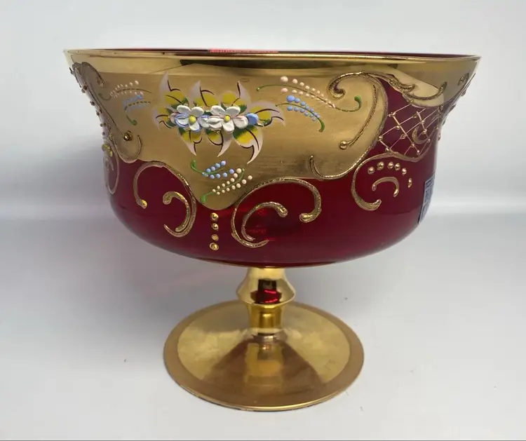 Murano Glass GLOWS Italy Gold Gilded Red Compote Vase Vintage Floral Kb Import
