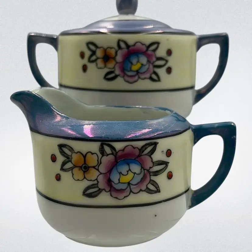 Lusterware Painted Flowers Sugar & Creamer Japan 3” Tall