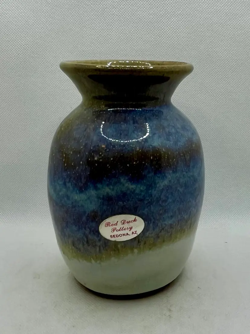 Vintage Red Duck Art Pottery Sedona AZ Drip Glaze Blue White Brown Vase Signed Original Sticker