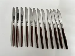 Vintage Ecko Eterna Wood Handle MCM Knives. (12) Silverware Flatware Forged Stainless MCM