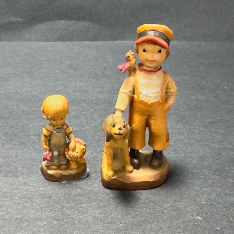 #1495 Vintage, Anri Ferrandiz 3” “High Hopes” Boy with Dog & “Tag Along” Boy with Lion, Sarah Kay Figurine 1.75” Italy
