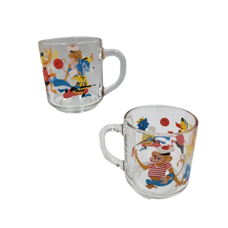 Set Of Two Vintage Arcoroc France Glass Mugs Cartoon Animals Monkey Duck Rabbit Fox