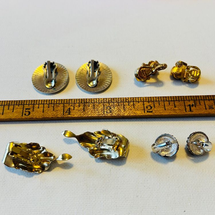 Set Of 4 Vintage Unsigned Clip-On  Earrings - Scroll Etched, Textured Leaf, Faux Pearl Button, Natural Stone & Acrylic