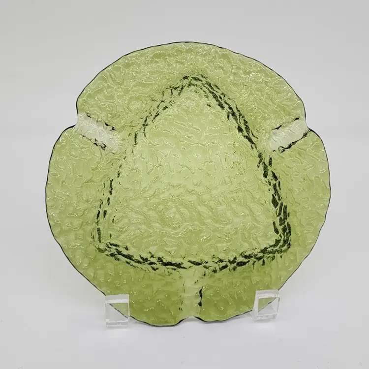 Green Textured Glass Ashtray Dish Low Base Abstract Round Design VTG