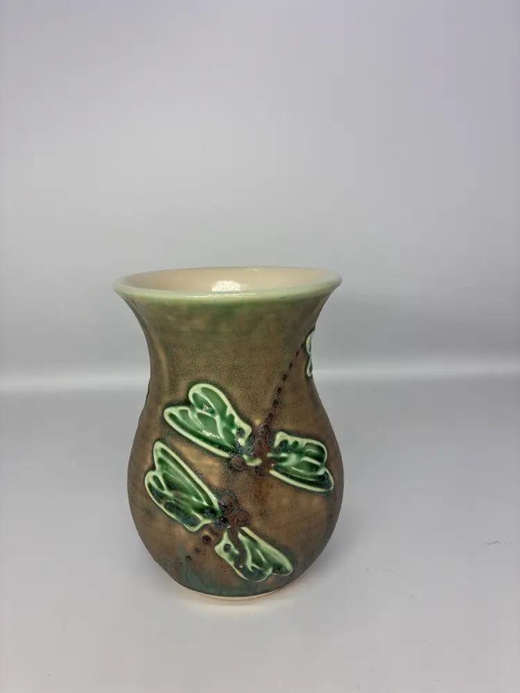 Signed Studio Pottery Dragonfly Vase 5"