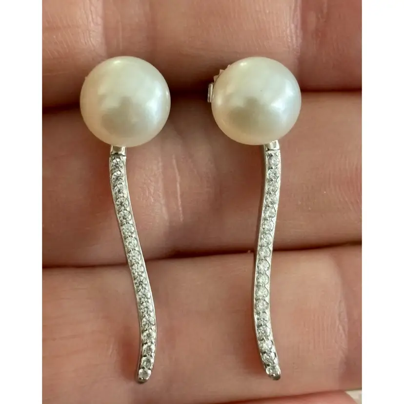 HONORA New Sterling Silver 925 Cultured Pearl CZ Drop Earrings w/satin zippered pouch