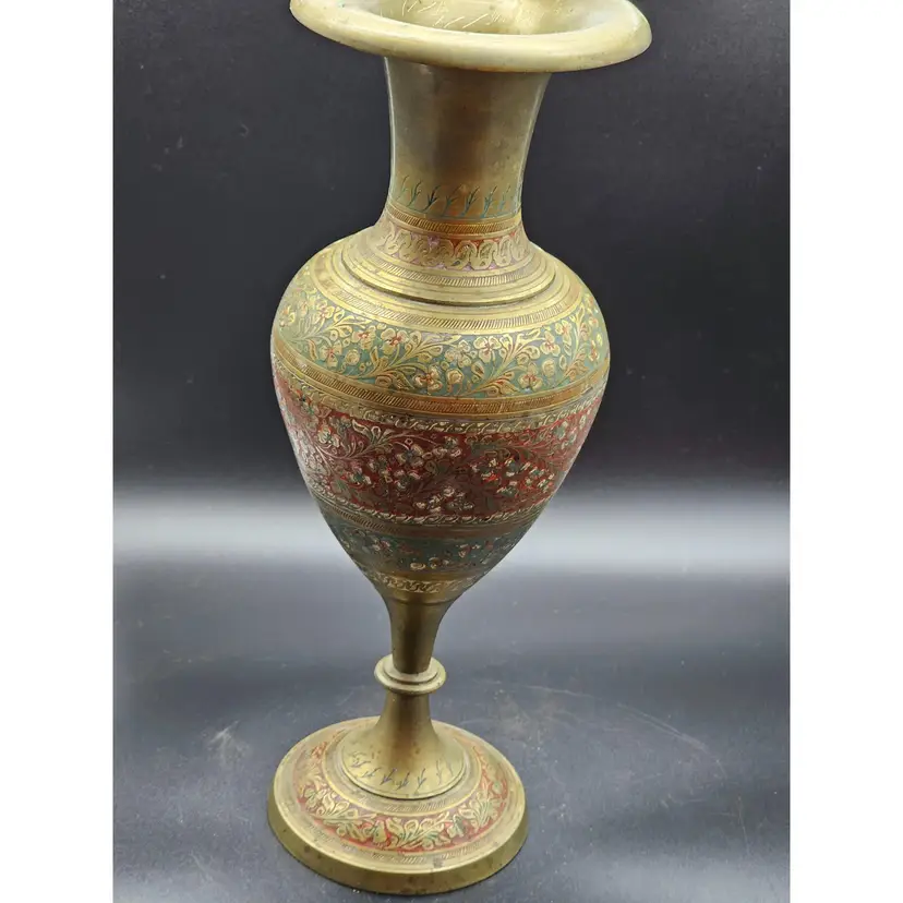 Brass Vase With Etched Floral Design 12"