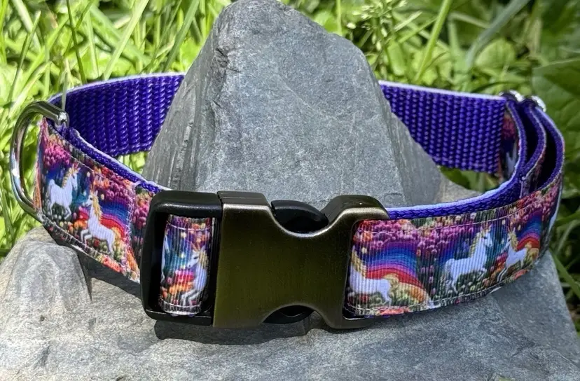 Dog Collar Purple Unicorn & Rainbows Large Handmade Heavy Duty W/Buckle NEW
