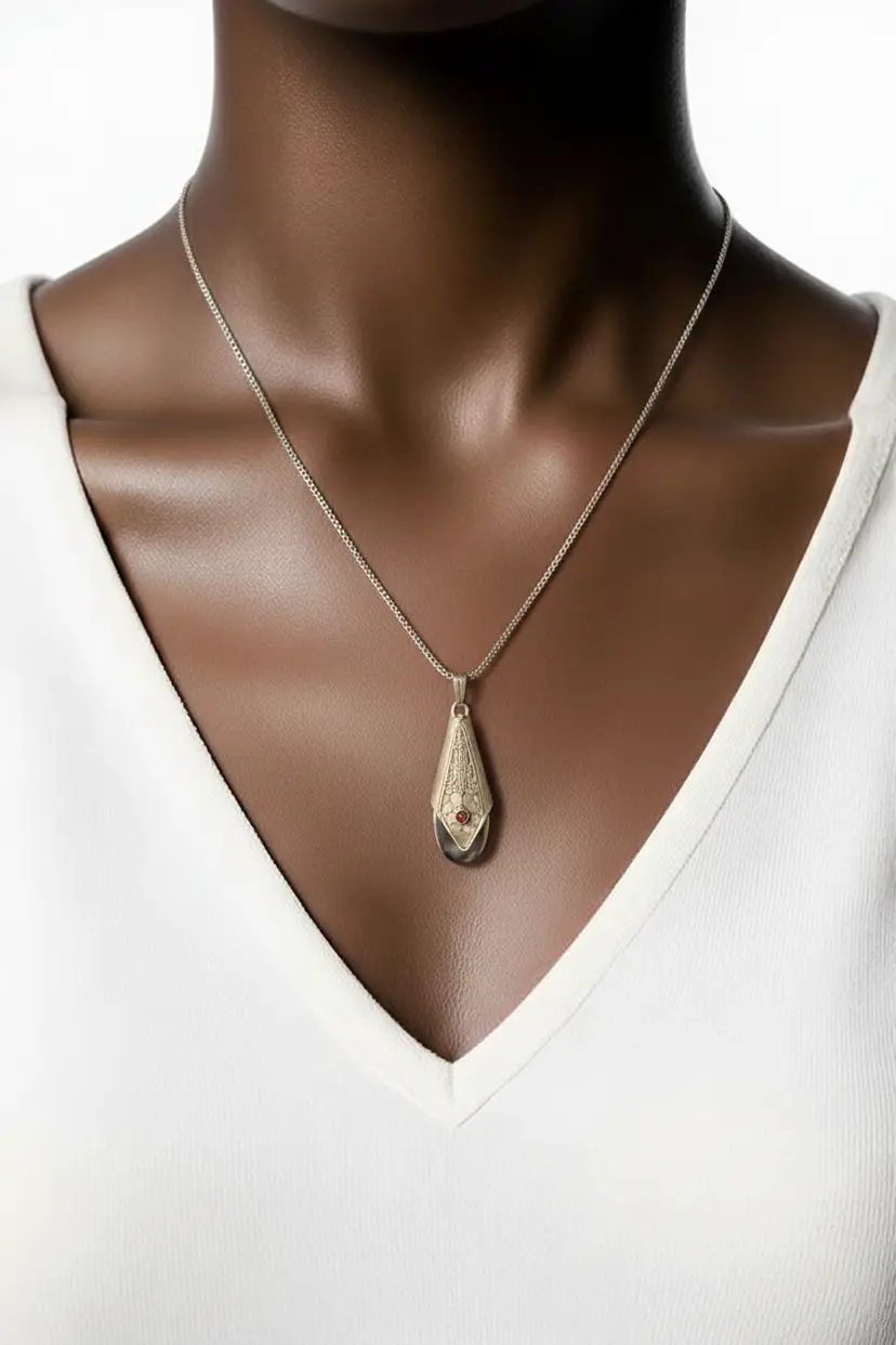 Sterling Silver Teardrop Pendant Necklace & Red Gemstone & 15" Box Chain