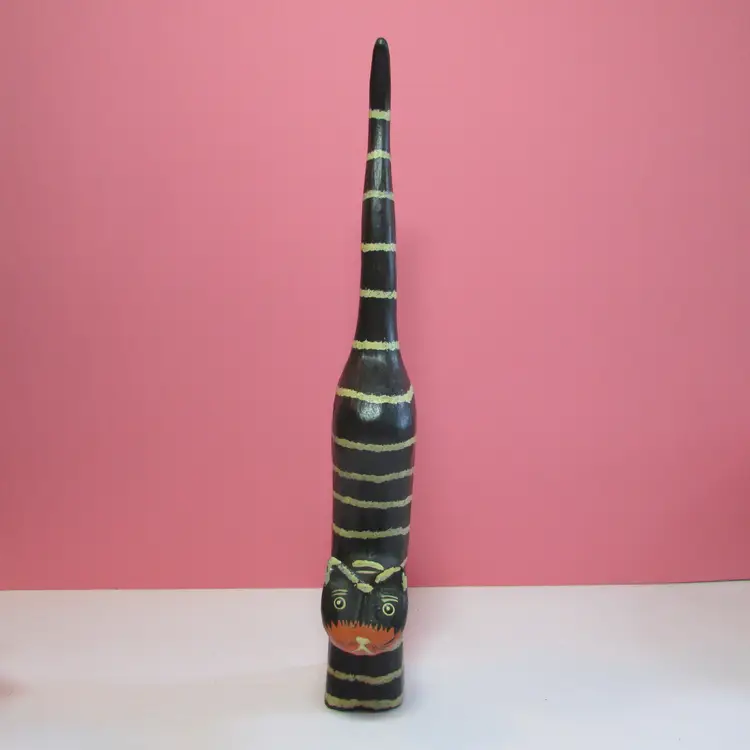 vintage black stripe wooden painted cat figure 13" tall Halloween