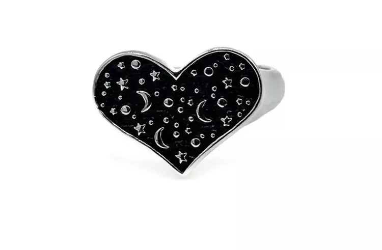 Mysticum Luna Cosmic Gothic Moon & Stars Heart Ring Sculpted by James Suret Art