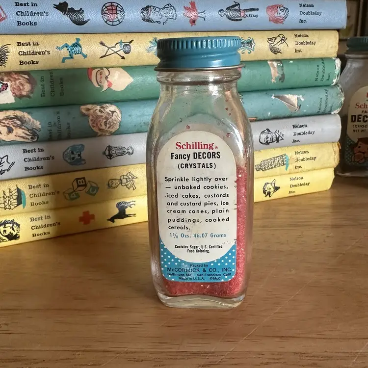 Vintage Schilling Girl Fancy Decor McCormick Red Sugar Bottle Spice Jar