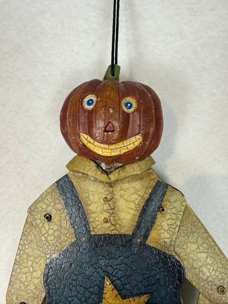 Large Metal Pull String Pumpkin Farmer Halloween hanging decor Jack O Lantern