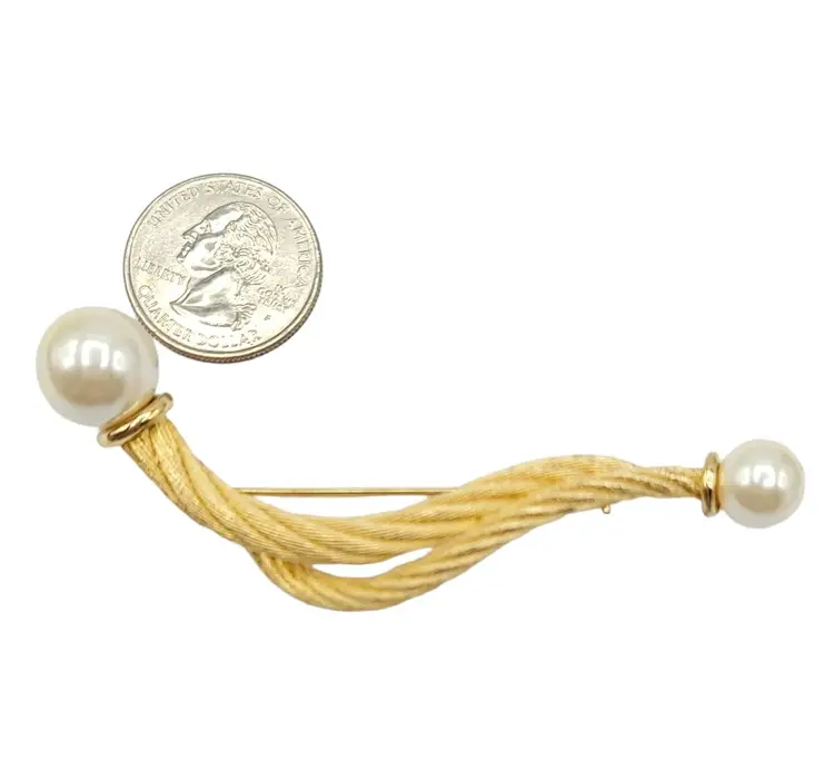 Christian Dior Gold Tone Twisted Rope Faux Pearl Bar Pin Brooch, Signed