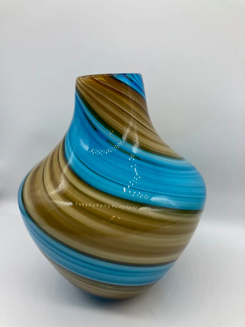 Narrow Neck Swirled Blue and Caramel Glass Vase 14" tall, 6" wide
