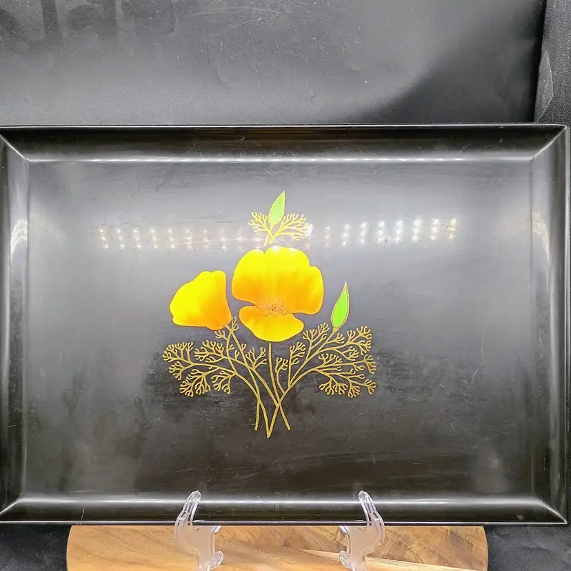 Couroc Monterey MCM Serving Tray California Poppy Flowers Vtg 1960s 18x12.5 " Rectangle