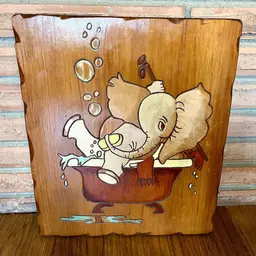 Vintage Hand Carved Painted Elephant Bath Wood Slab Wall Hang Art Baby Nursery