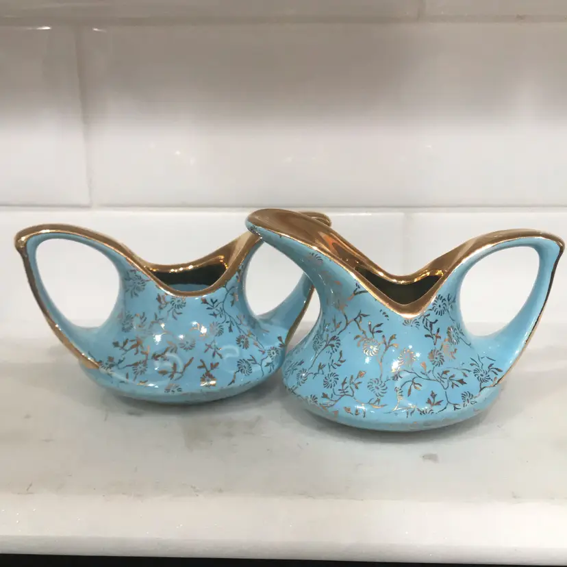 Lusterware Pearl China Cream / Sugar Holder Hand Decorated 22 Kt Gold MCM Aqua