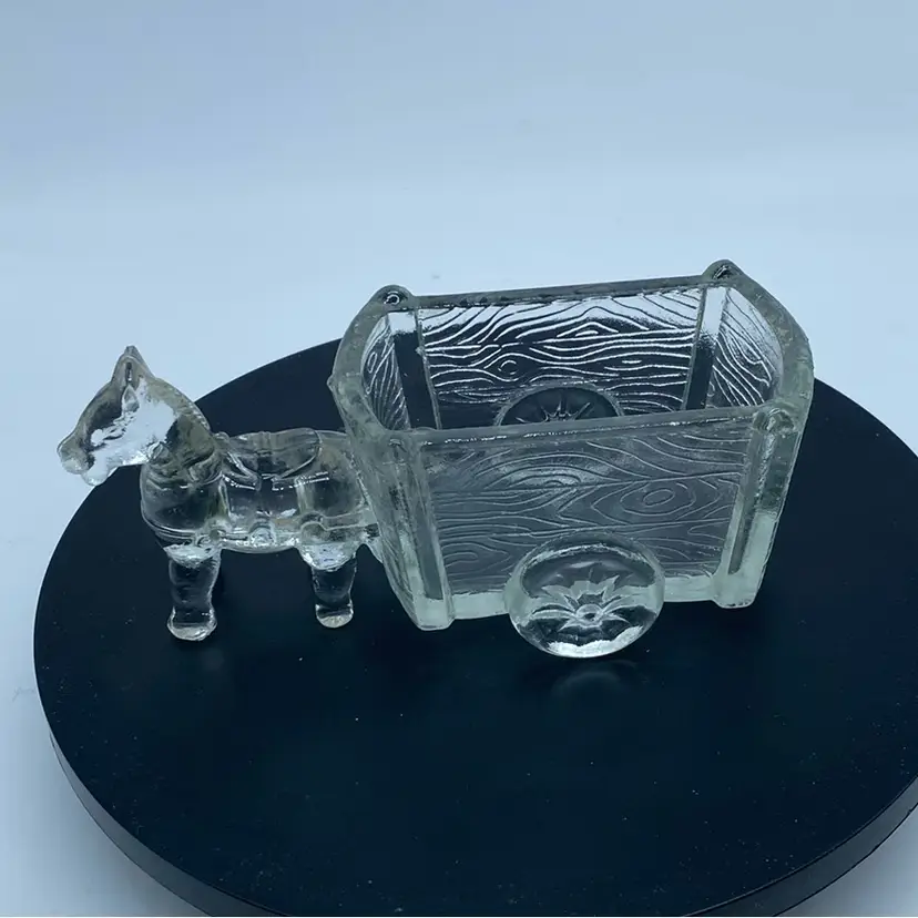 #0106 Vintage pressed clear glass donkey and cart candy holder.