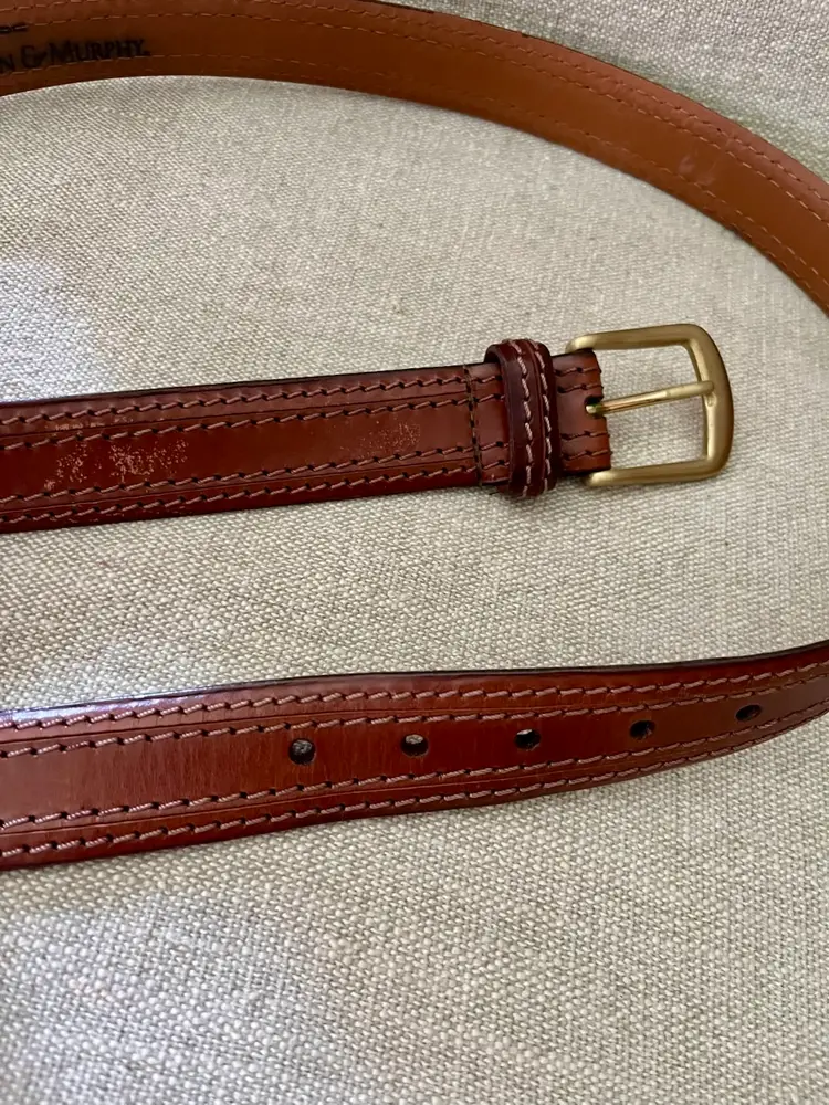 Sz 36 Mens Johnston & Murphy Brown Double Stitching Leather Belt Brass Buckle
