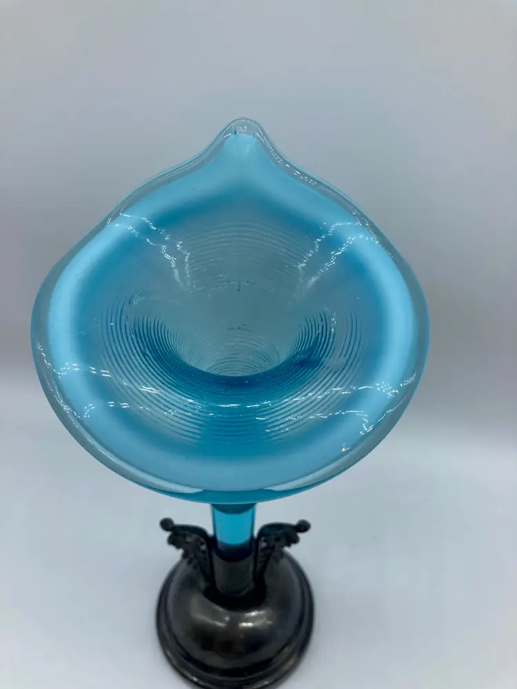 Vintage Blue Glass Jack in Pulpit Epergne Vase/Silver Metal Stand