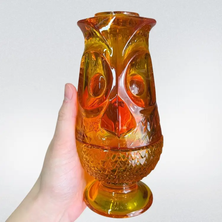 Cadmium Glass, MCM Vintage Viking Glass Persimmon Owl Fairy Lamp, Viking Orange Glass Owl Fairy Light, Vintage Glass Votive Candle Holder, UV Reactive, Glowy Glass