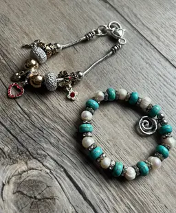 Set of 2 Bracelets Pandora Style Natural Pearl, Faux Turquoise Crystal and Pandora Style Bracelet