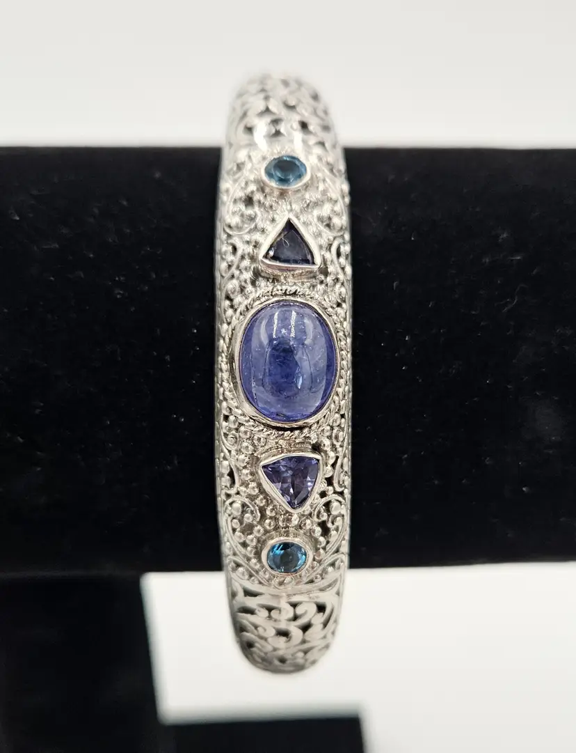 Sarda Tanzanite and Topaz 925 Cuff Filigree Bracelet