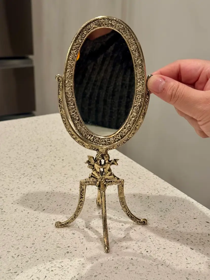 9” Vintage Cherub Vanity Mirror Gold Oval Tabletop Cupid Boudoir Decor