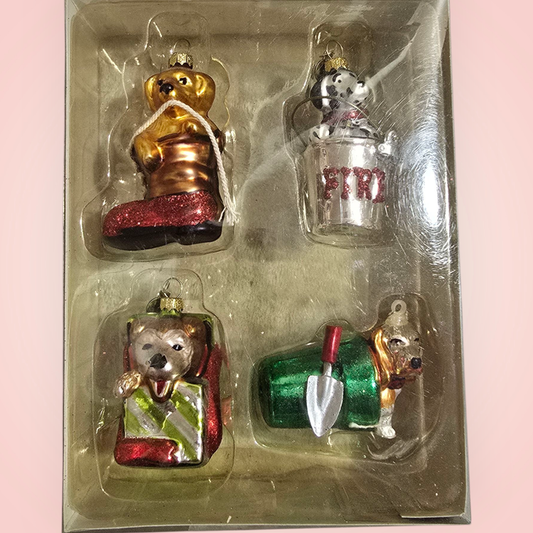 Dept 56 Tiny Trimmings DOGS Mini Glass Xmas Ornaments  Set of 4 NOS Vtg '90s