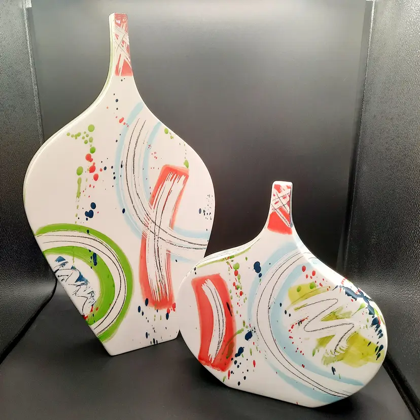 Vintage Global Views Guitar Vases 80's Retro Paint Splatter Atomic Geometric Design