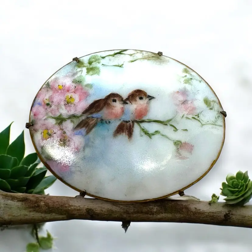 Antique hand painted porcelain birds on a branch with flowers Brooch