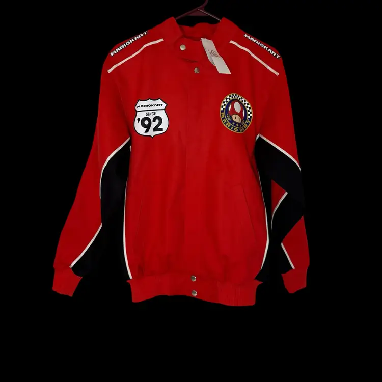 Mario Kart Nintendo 1992 Canvas Racing Jacket Red Embroidered Patches Sz XS NWT