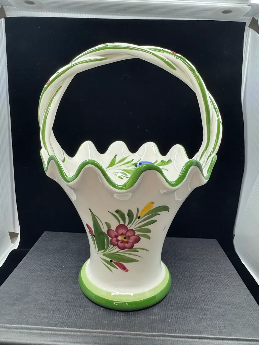 Hand-painted Portuguese ceramic basket with braided handle and floral design. One Chip- See Pic