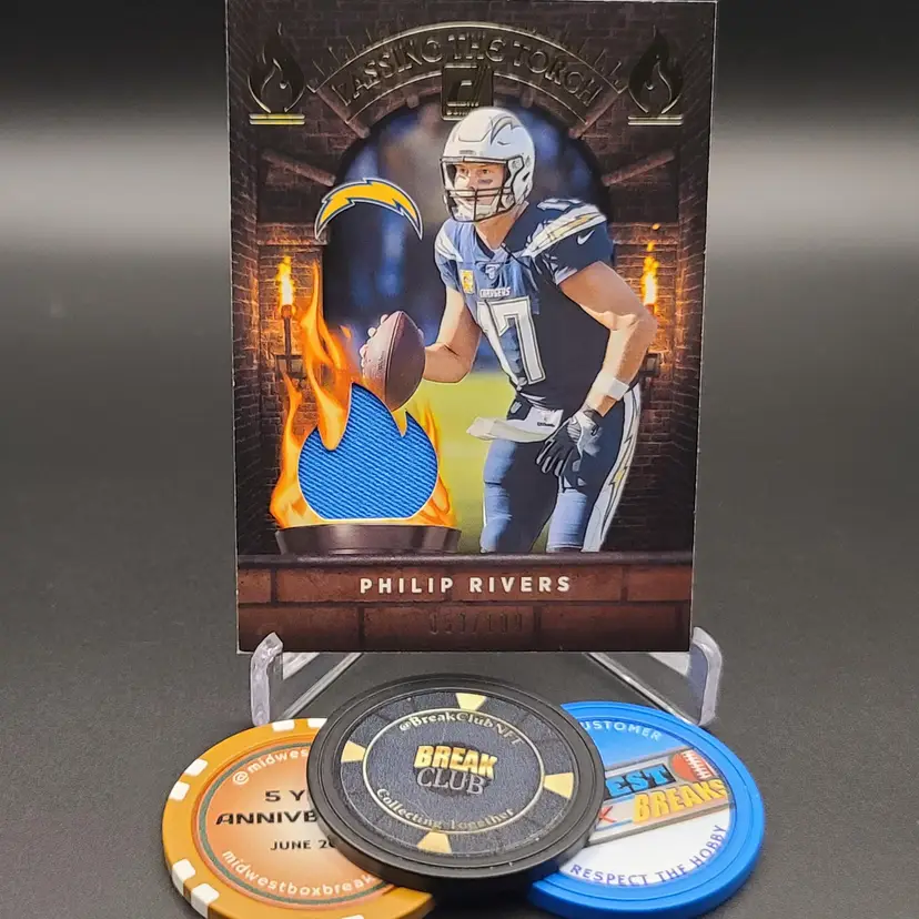 Justin Herbert/Phillip Rivers 2021 Panini Donruss Football Passing The Torch Numbered 53/199 Memorabilia Card Number # PTJ-LAC - Los Angeles Chargers Football Card