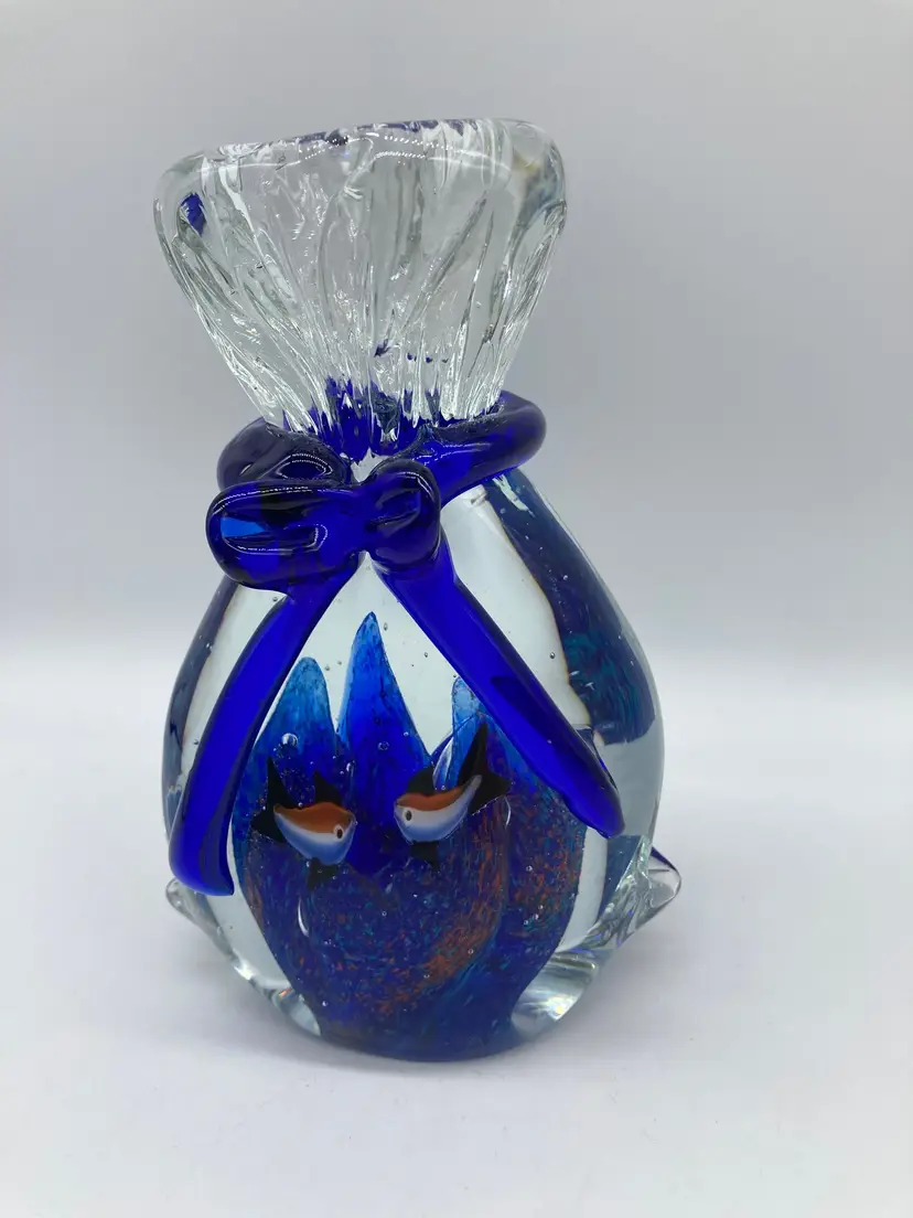 Blue Ocean and Fish Bag Glass Paperweight *