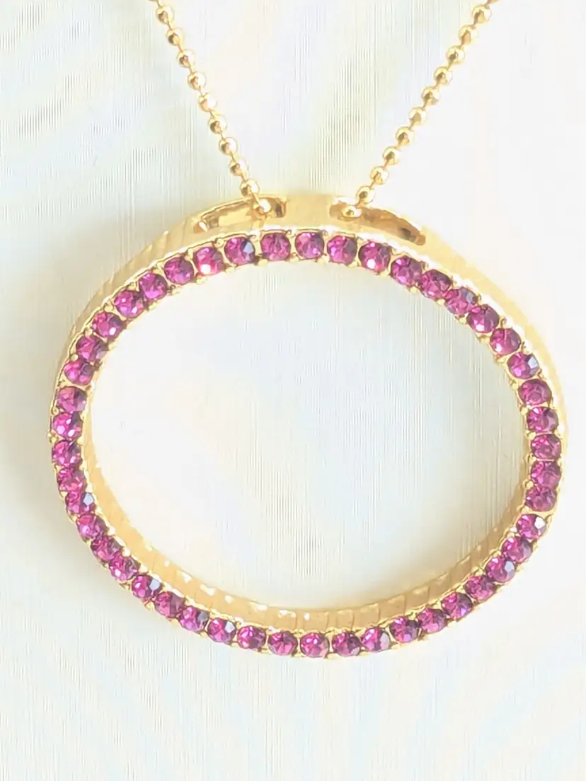 Gold Tone Infinity Circle Pink Rhinestone Pendant Necklace