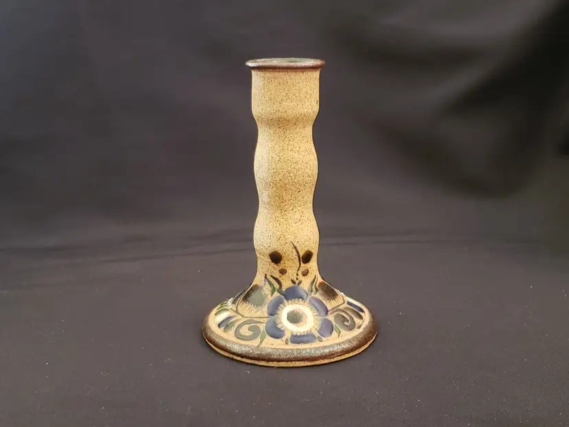 Folk Art Netzl Ceramic Candlestick Tonala Style Mexico Handmade & Signed Vintage
