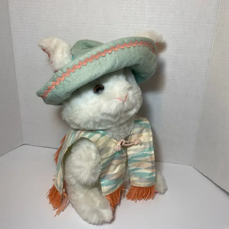 Vintage Douglas Cuddle Toy White Bunny Pink Ears Plush Easter Sombrero Poncho