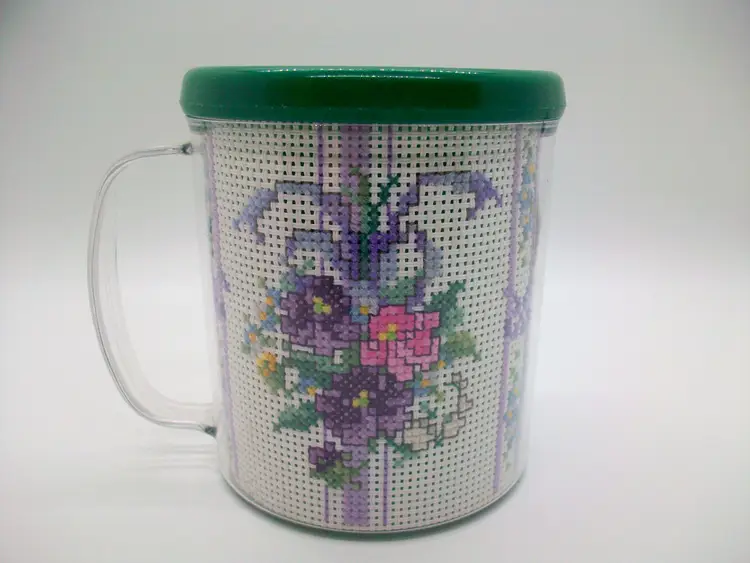 Cross Stitch Purple Pink Pansy Floral Bouquet Green Clear Novelty Mug Cup 4" Tall