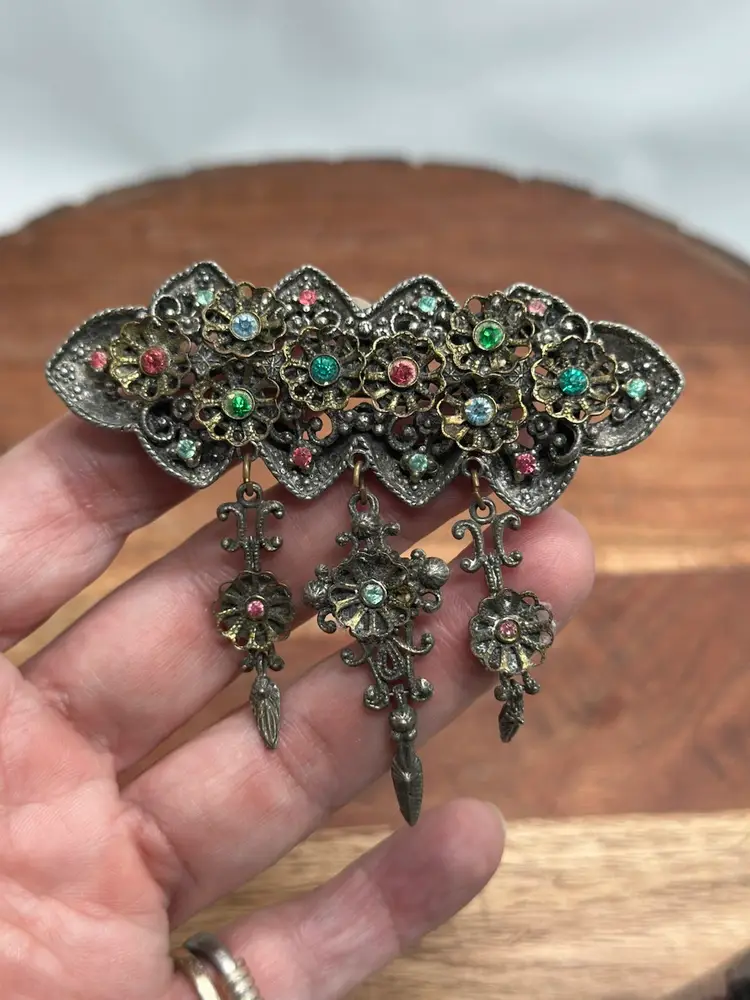 Vintage Czech Multi Color Rhinestones Dangle Brooch Pin Large