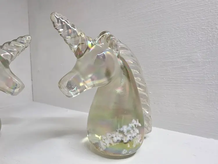 Pair of Iridescent Blown Glass Unicorn Head Figure Paperweights
