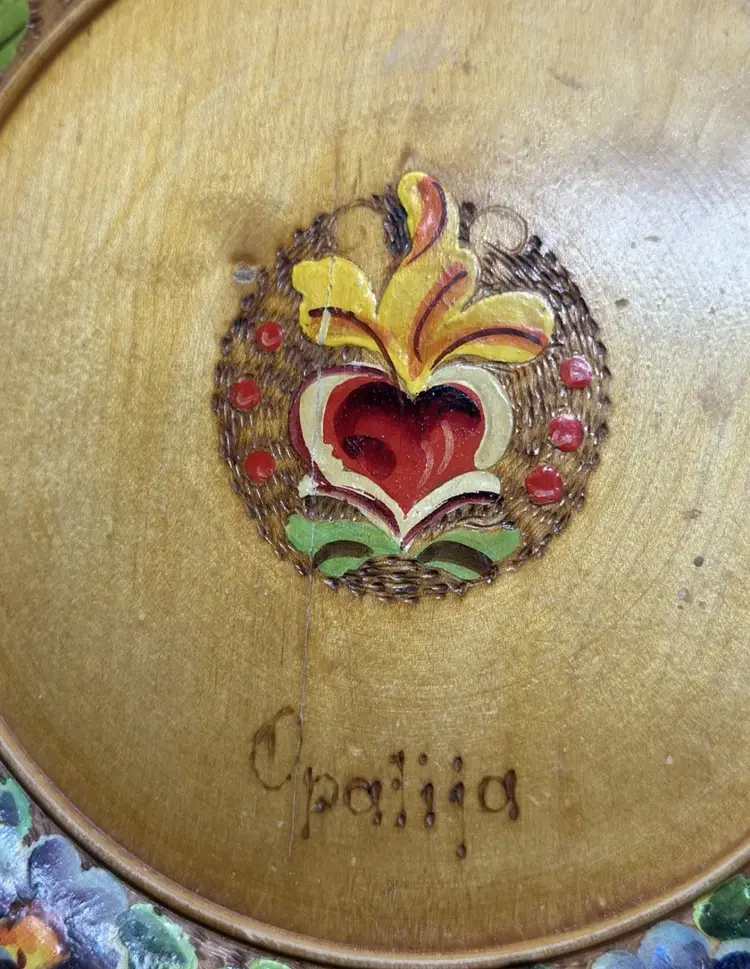 SALE Vintage Folk Art Artisan Tole Hand Painted Wooden Plate Eastern European Opaliia