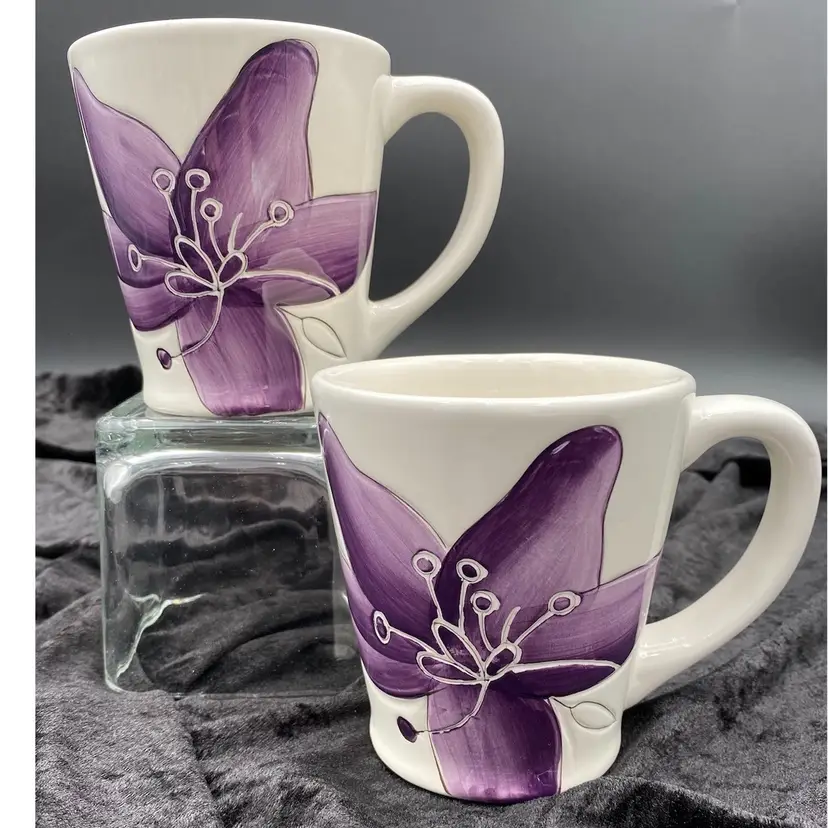 Pair of Laurie Gates "Anna" Purple Etched Floral Print Hand-painted Mugs