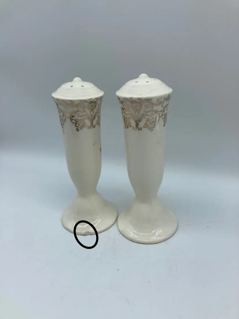 Tall White Ceramic Salt and Pepper Shakers with Gold Filigree