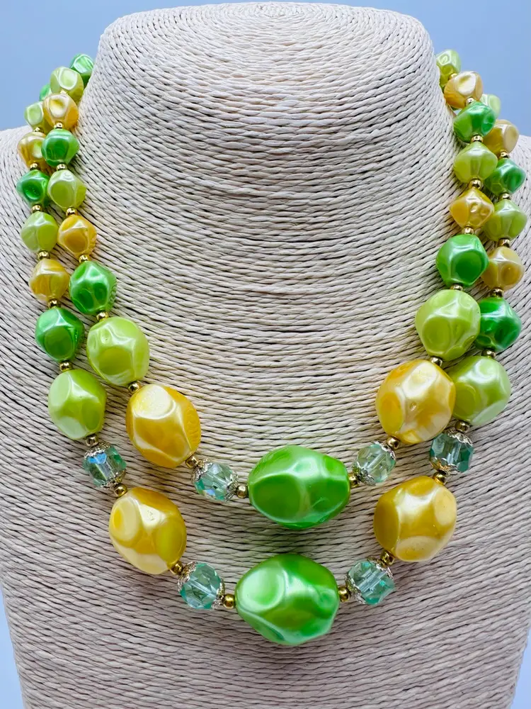 Vintage Japan Green & Yellow Plastic Necklace