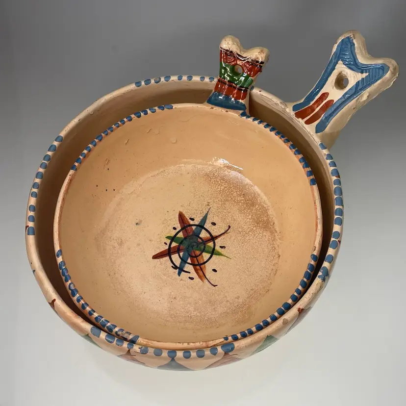 Tlaquepaque Mexican Pottery Nesting Serving Bowls Vintage Hand Painted Set Mexico